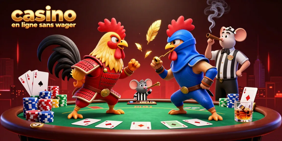 Affrontez les défis du casino en ligne sans wager avec des coqs de combat en pleine action dans un décor poker.