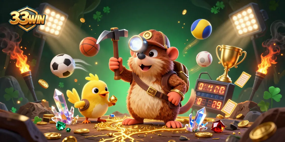 Engage with thrilling sports betting action at 33WIN while the mole discovers treasures in a vibrant casino scene.