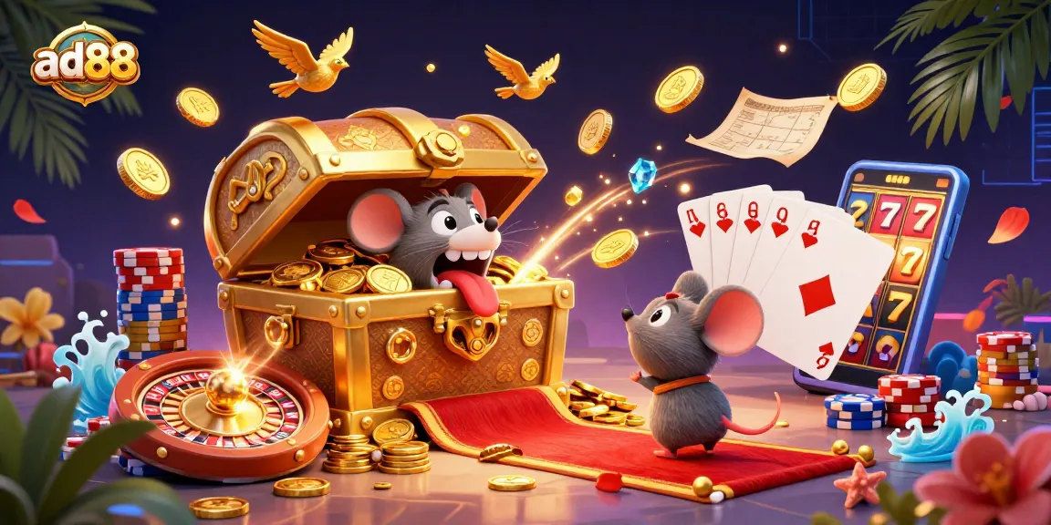 Engage in thrilling gameplay at ad88 with a golden treasure chest and animated casino elements.