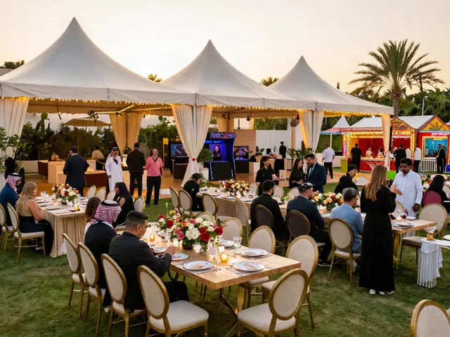 Event rentals showcase luxurious outdoor gala setup with tents, tables, and entertainment in Saudi Arabia.