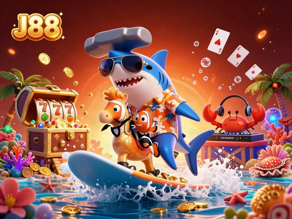 Engage in vibrant casino entertainment with J88, as a shark surfs gold coins while treasures explode in this 3D illustration.
