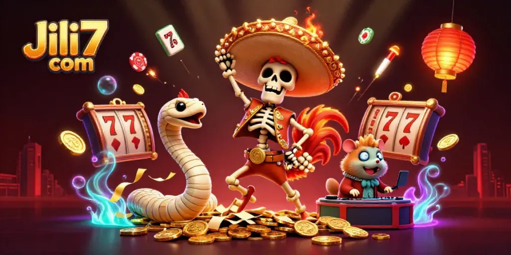 Experience the excitement of Jili7 com with animated characters celebrating around vibrant casino elements.