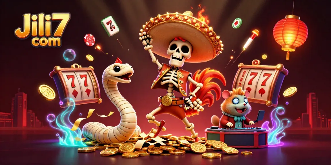 Experience the excitement of Jili7 com with animated characters celebrating around vibrant casino elements.