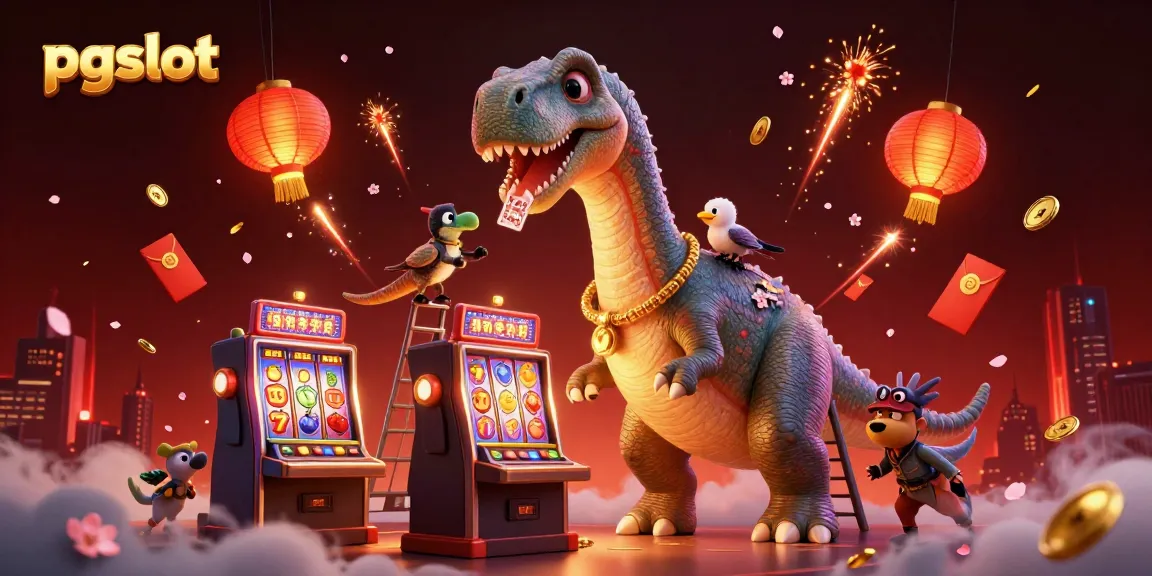 Experience exciting pgslot gaming with a brontosaurus and clever raptor in a vibrant casino setting.