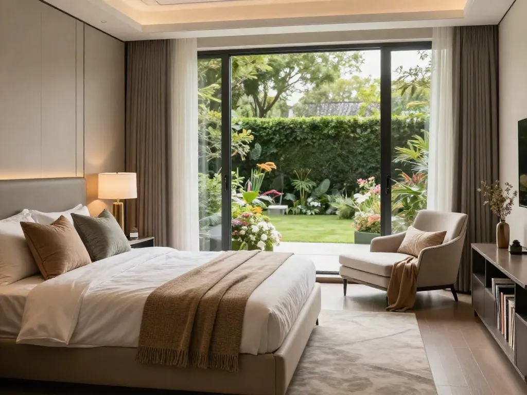Elegant bedroom interior featuring stylish decor and natural light, ellie nova xxx relaxation space.