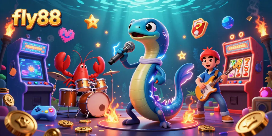 Experience the vibrant underwater fun at fly88 with a DJ electric eel and lively casino games.