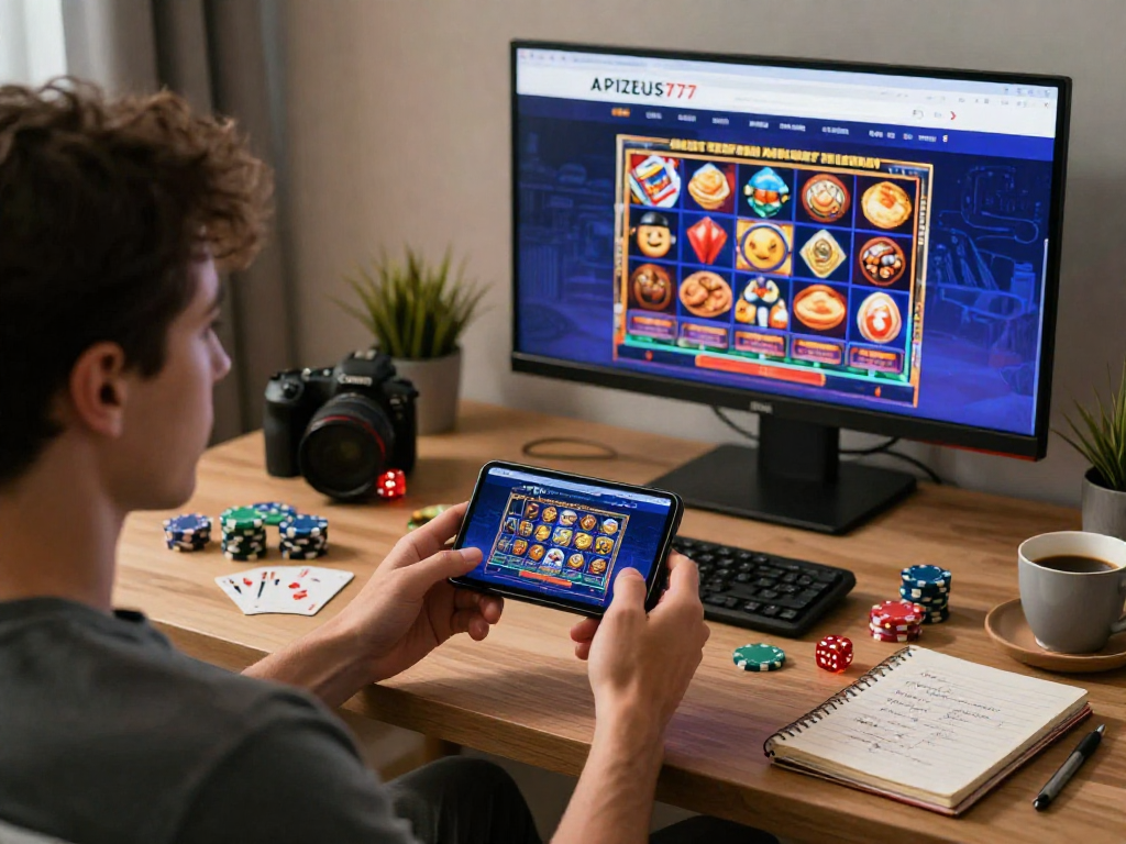 Engaging APIZEUS777 online gaming experience with a person exploring slot games on mobile in a cozy home environment.