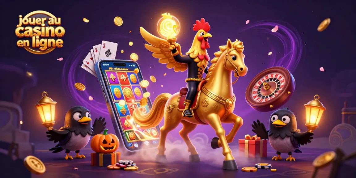Jouez au casino en ligne avec un poulet doré dans un casino magique, entouré de pièces d'or et de jeux.