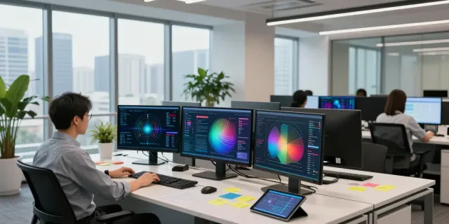 Enterprise AI workspace with data scientist analyzing AI models and dashboards in a modern office.