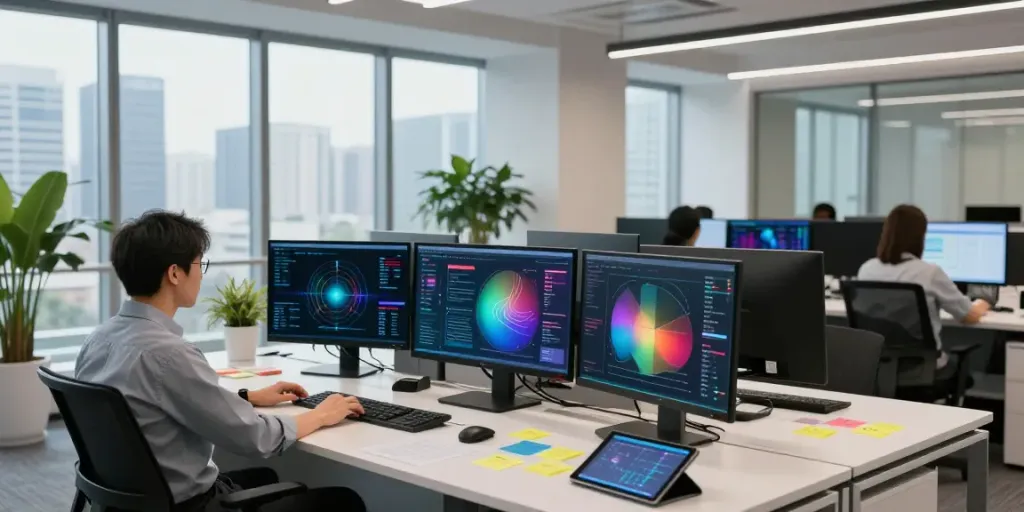 Enterprise AI workspace with data scientist analyzing AI models and dashboards in a modern office.