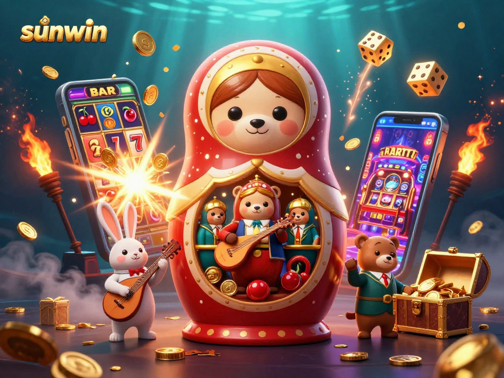 Experience the excitement of sunwin with a vibrant casino scene featuring playful characters and dynamic games.
