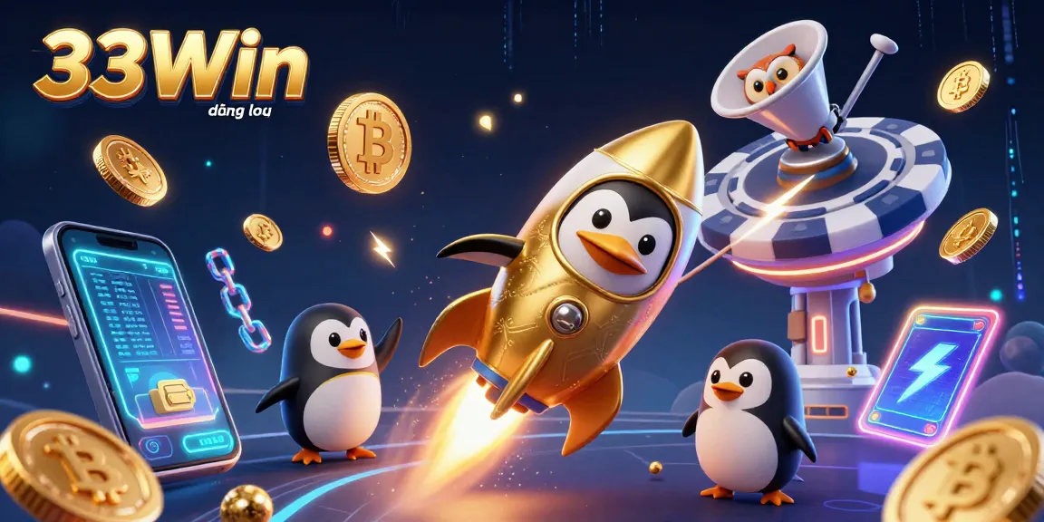 Engage with 33Win đăng nhập's exciting casino scene featuring a golden penguin and crypto elements.