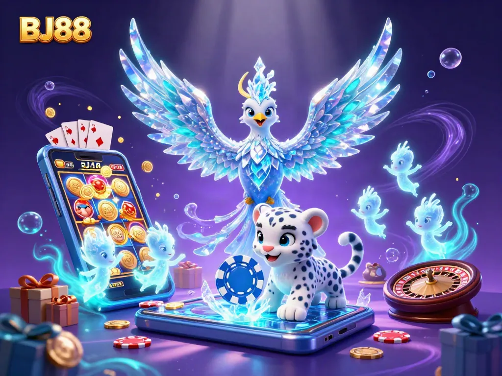 BJ88 players experience thrilling action with an ice phoenix, poker chip, and colorful games!