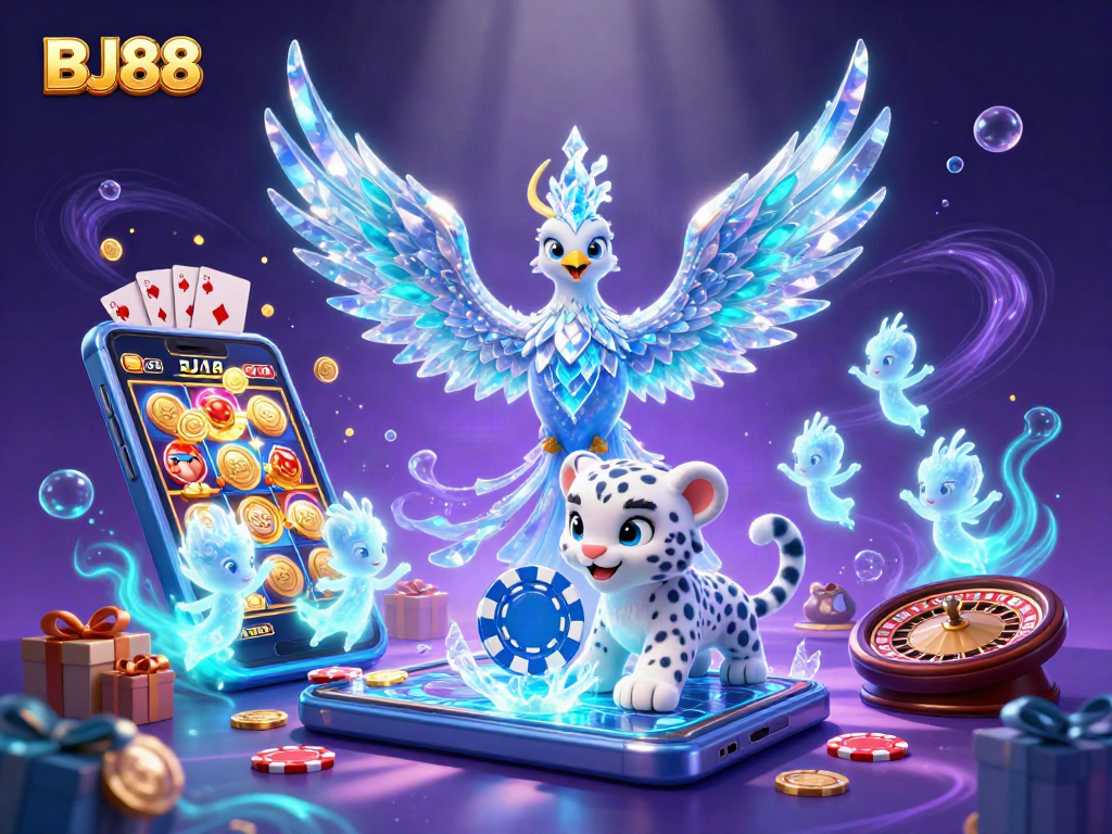 BJ88 players experience thrilling action with an ice phoenix, poker chip, and colorful games!