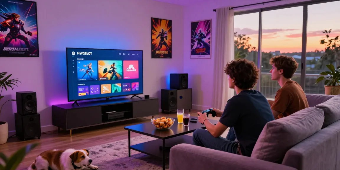Engaging home gaming scene with players enjoying HWGSLOT on a smart TV.