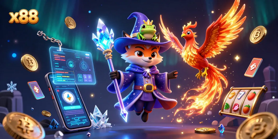 Engaging illustration of x88 featuring a wizard fox, phoenix, and vibrant slot elements, capturing the magic of online casinos.