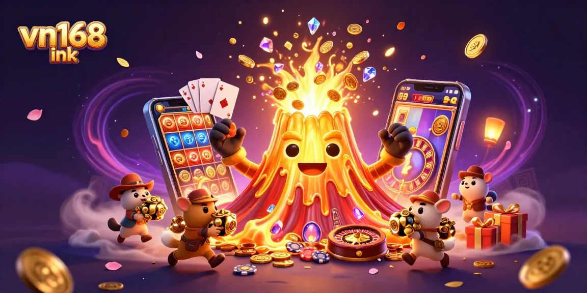 Capture the excitement of vn168 ink with a golden volcano pouring treasure and gaming elements in dynamic casino action.