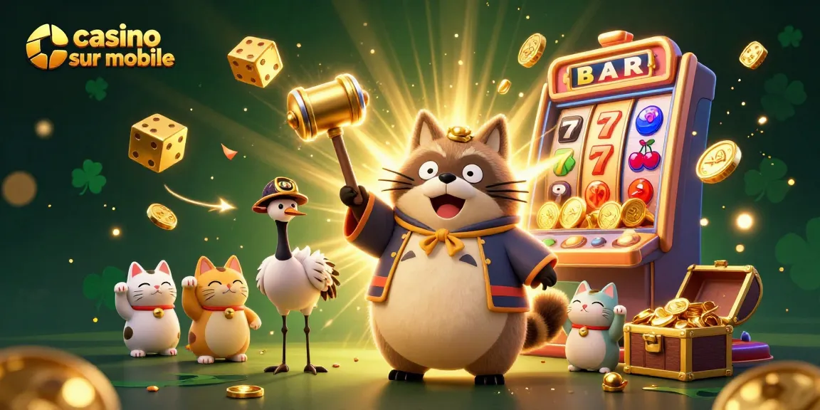 Découvrez une scène animée représentant le casino sur mobile avec un tanuki porte-bonheur en action.