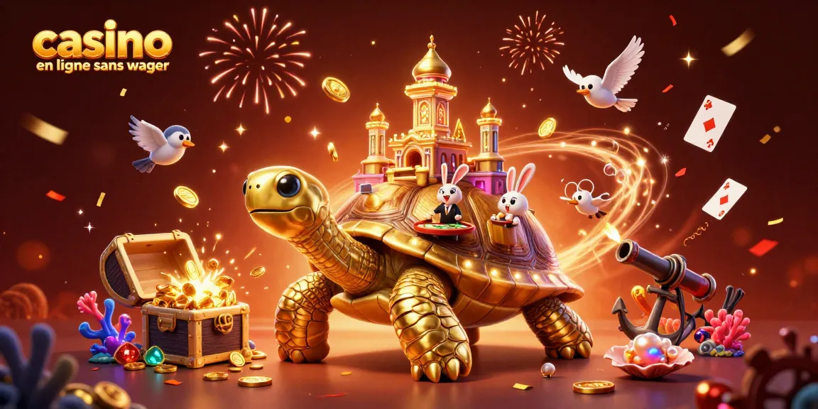 Le casino en ligne sans wager avec une tortue dorée géante et un dealer lapin, entouré de trésors sous-marins