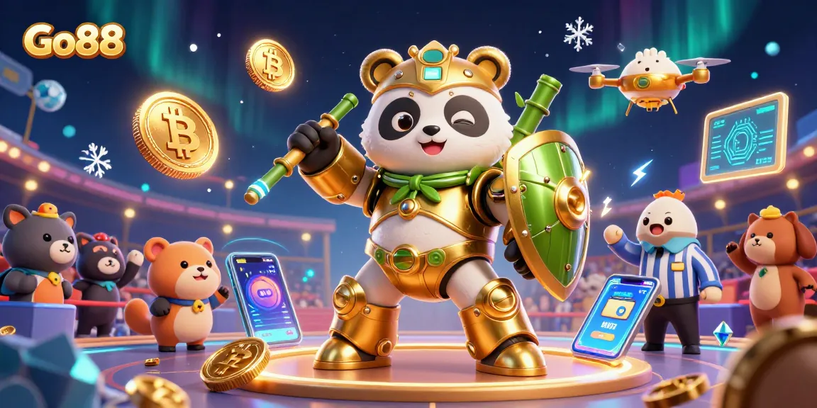 Experience the excitement of Go88 with golden panda and dynamic robot battling in a vibrant casino arena.
