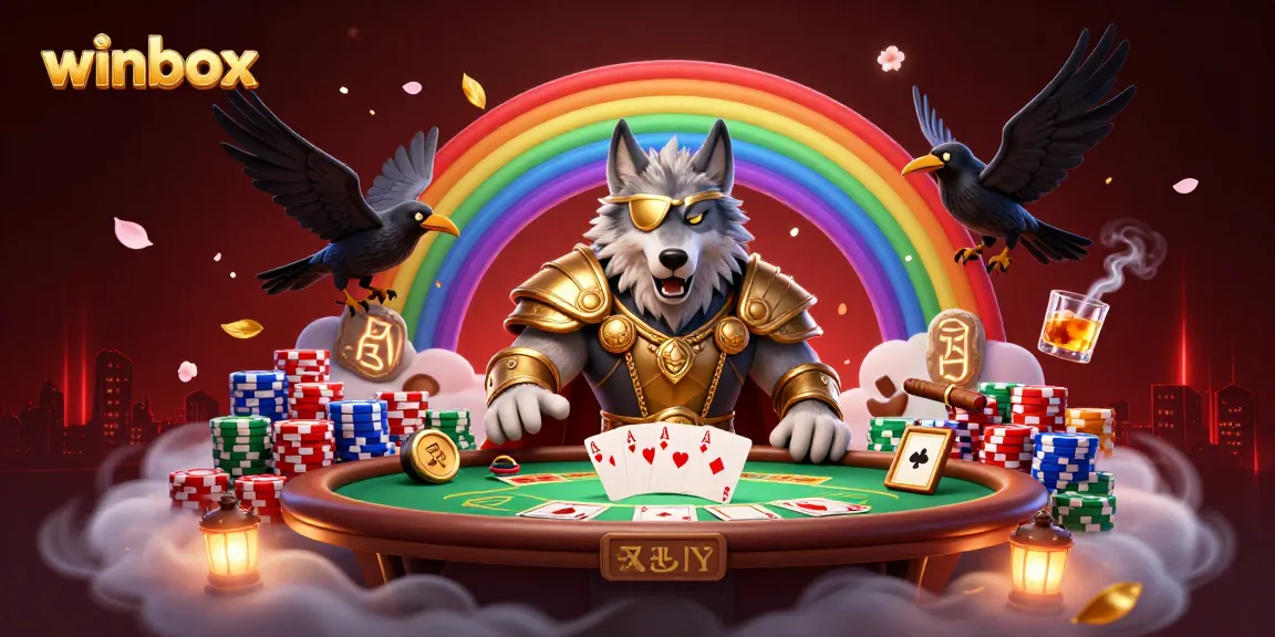 Winbox offers thrilling casino action with Odin wolf and ravens at a vibrant poker scene.