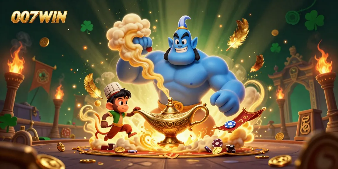 Engage with the thrilling 007WIN experience featuring a glowing genie, poker chips, and casino elements.