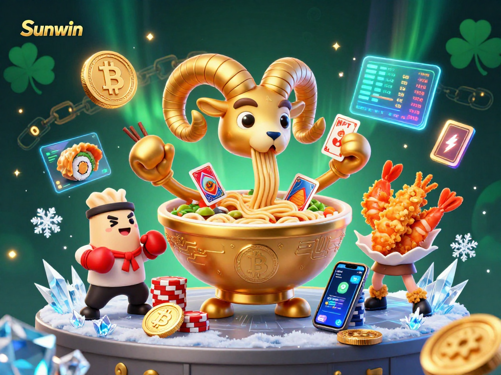 Engage with Sunwin in a vibrant 3D casino scene featuring a giant ramen bowl dealer, crypto elements, and dynamic characters.