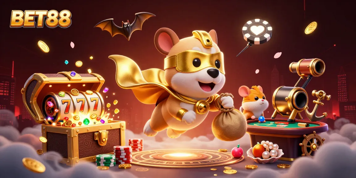 Join the adventure with BET88's colorful gaming universe, featuring a superhero dog and treasures!