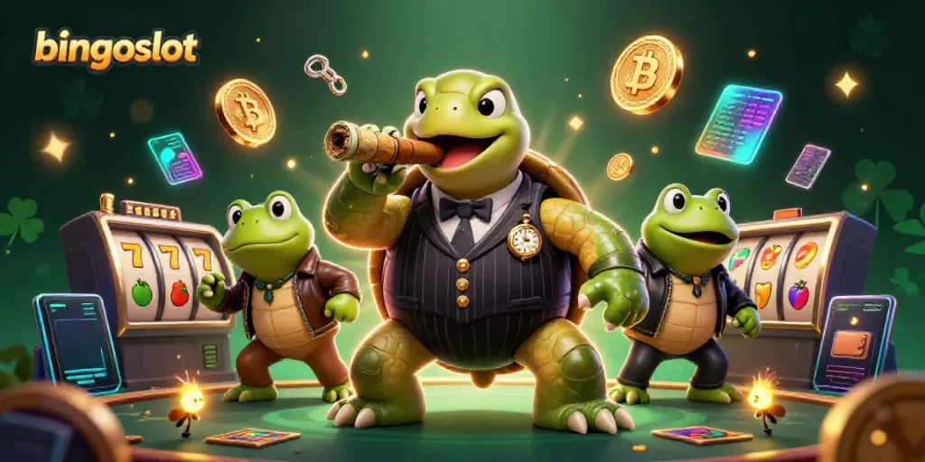 Permainan bingoslot menampilkan kura-kura kartun dan penegak hukum frog.