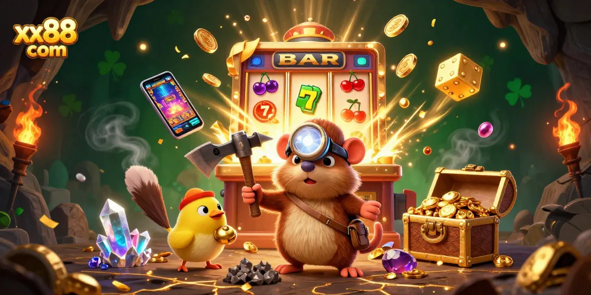 Experience the excitement of xx88 com in this vibrant 3D casino scene with jackpot rewards and glowing treasures.