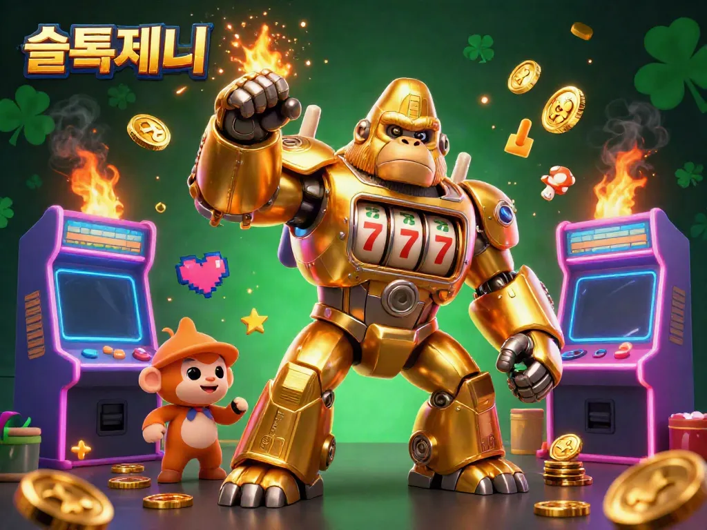 Experience the thrill of 슬롯사이트 with a vibrant cartoon gorilla mech amidst dynamic gaming elements.