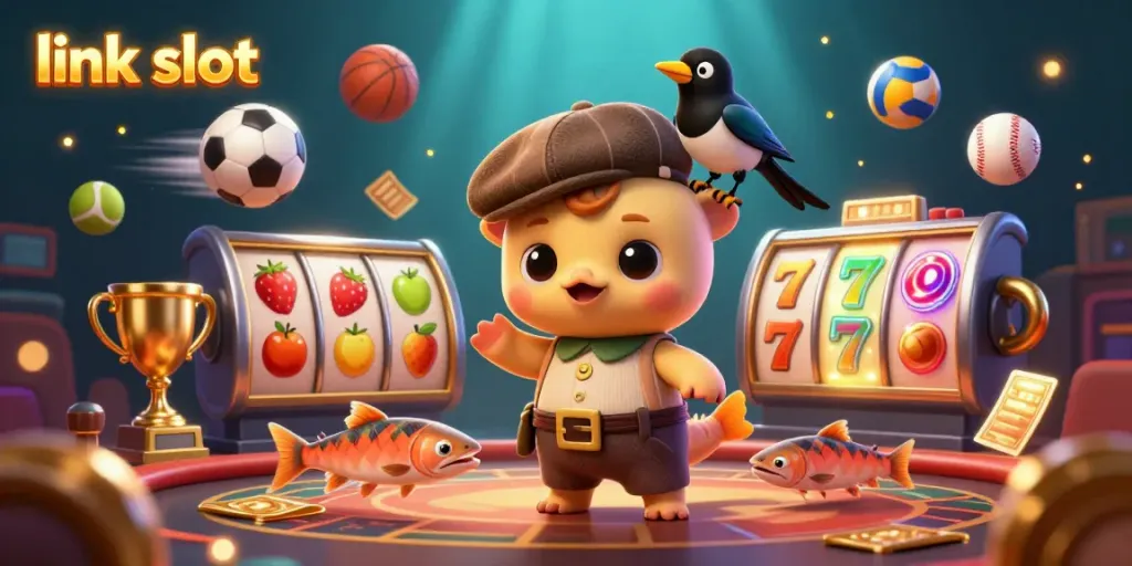 Experience the excitement of link slot games with a playful Nessie in a vibrant casino scene.