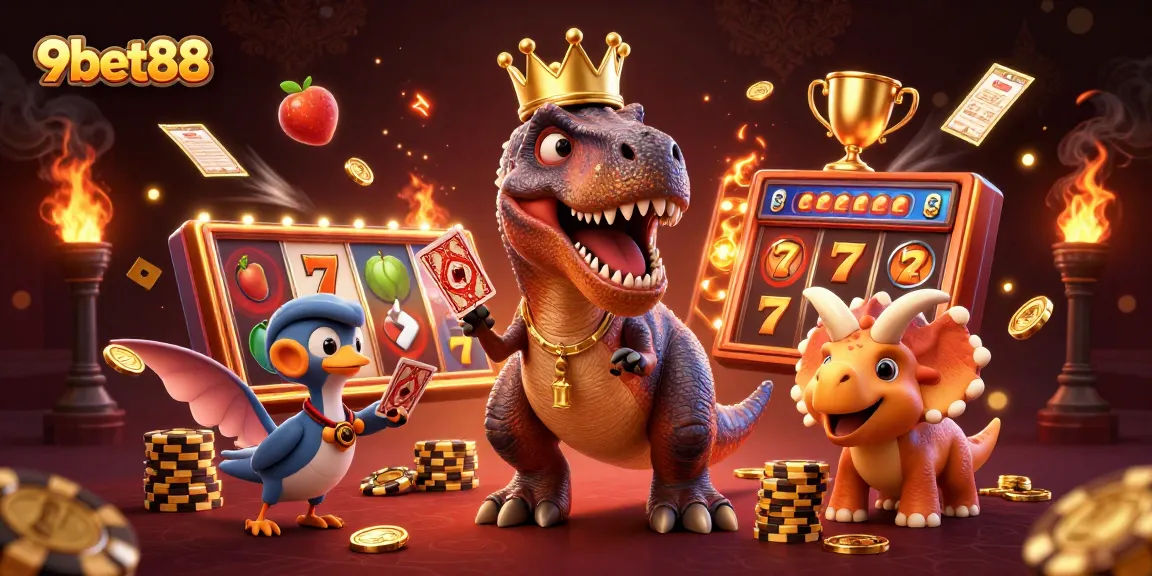 Experience thrilling gaming action at 9bet88 with friendly dinosaur characters in a lively casino scene.