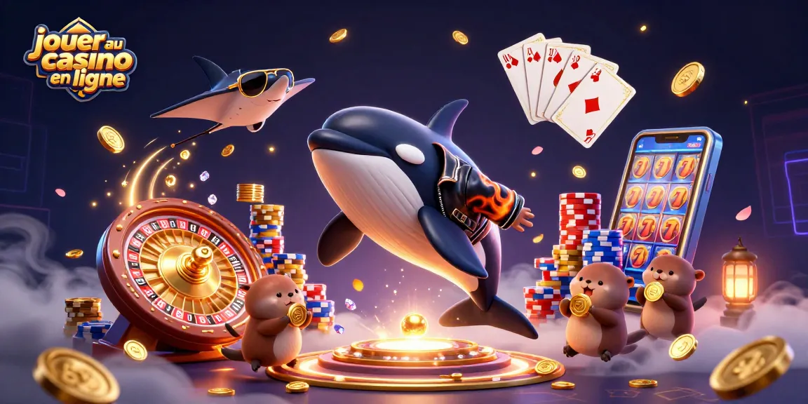 Jouer au casino en ligne avec une illustration d'orque, raie et loutres sous un décor dynamique de pièces dorées.