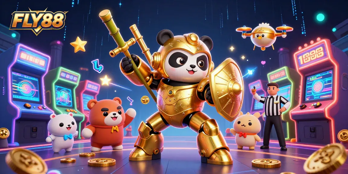 FLY88 offers a vibrant gaming experience with mech-suit pandas battling in an exciting online casino arena.