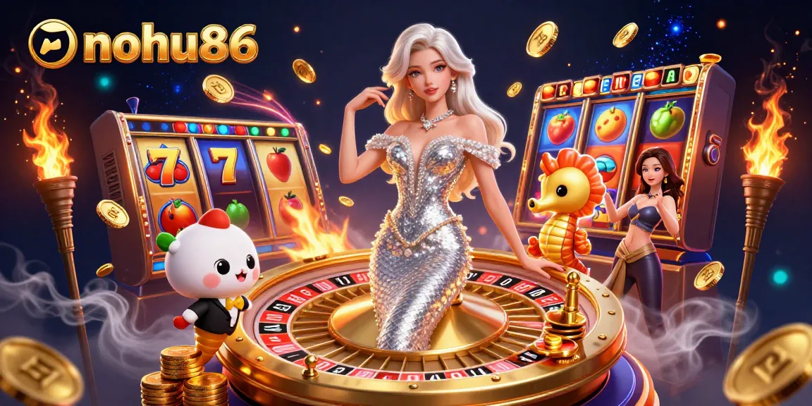 Experience jackpots and thrills with nohu86 at the vibrant casino scene featuring a glamorous woman and a seahorse.