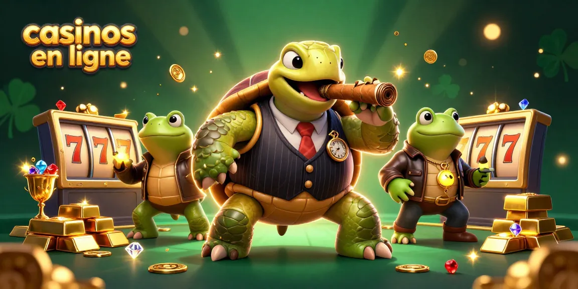 Découvre les casinos en ligne avec une tortue massive et des grenouilles, illuminés par des feux de casino.