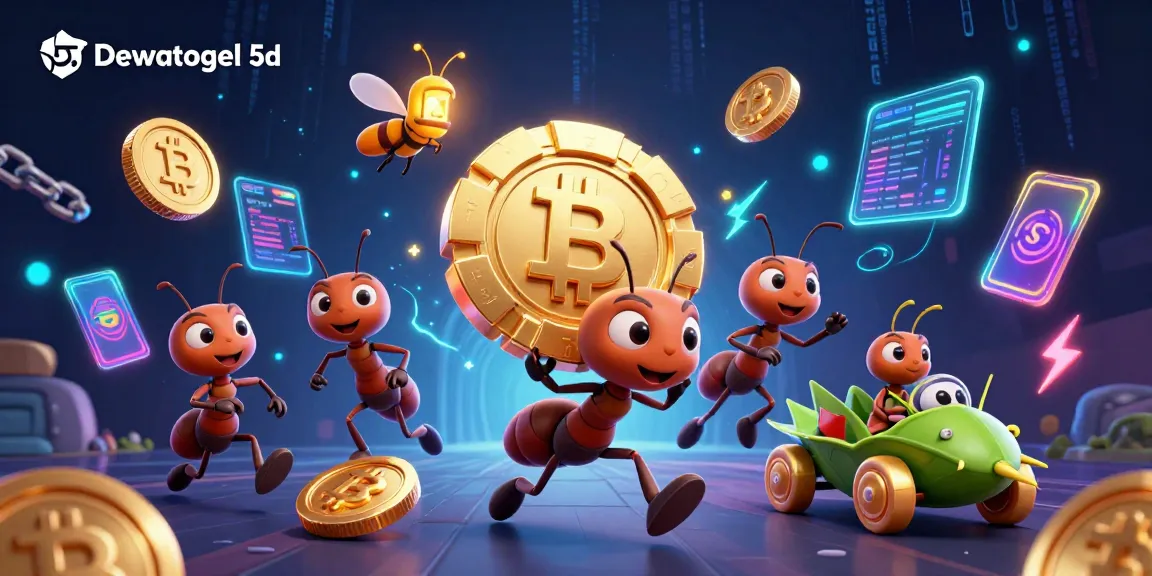 Experience thrilling plays at Dewatogel 5d with vivid 3D casino characters amid glowing crypto elements.