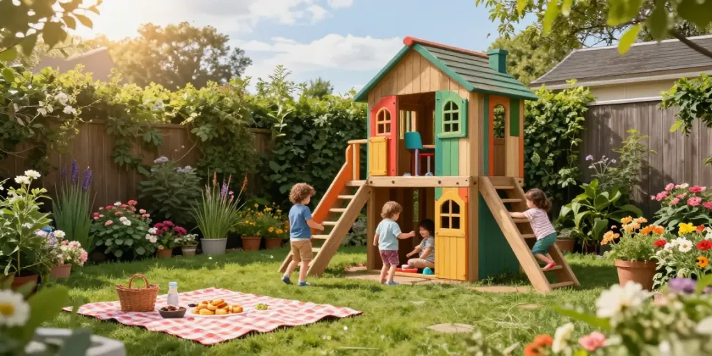 Children enjoying their time in vibrant garden play houses among blooming flowers.