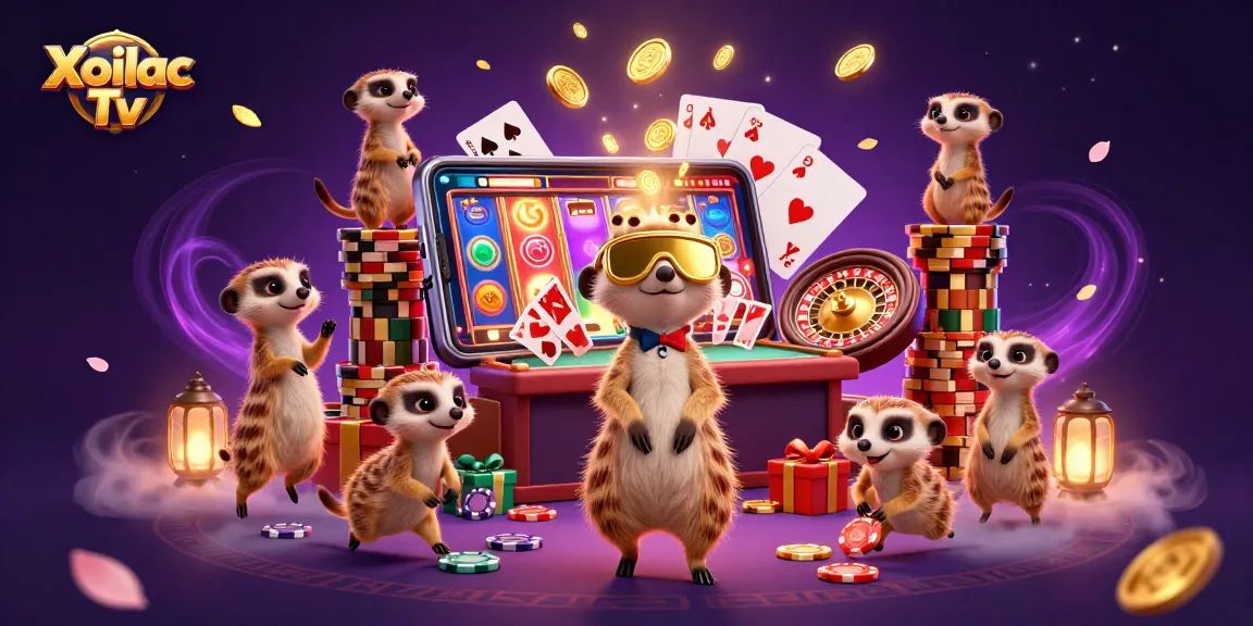 Xoilac Tv showcases meerkats running a casino, fanning playing cards and spinning reels.