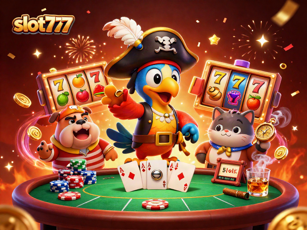 Bermain mesin slot777 dengan karakter menarik, simbol buah, dan suasana meriah di casino virtual.