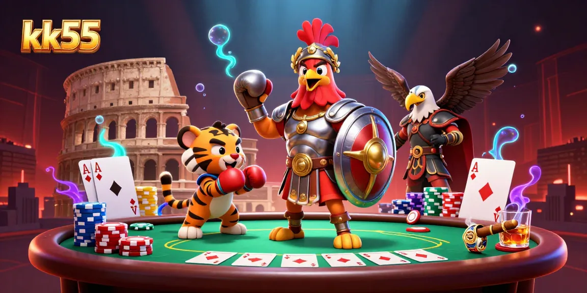 Engage with kk55's vibrant casino universe featuring a cartoon gladiator rooster and poker elements.