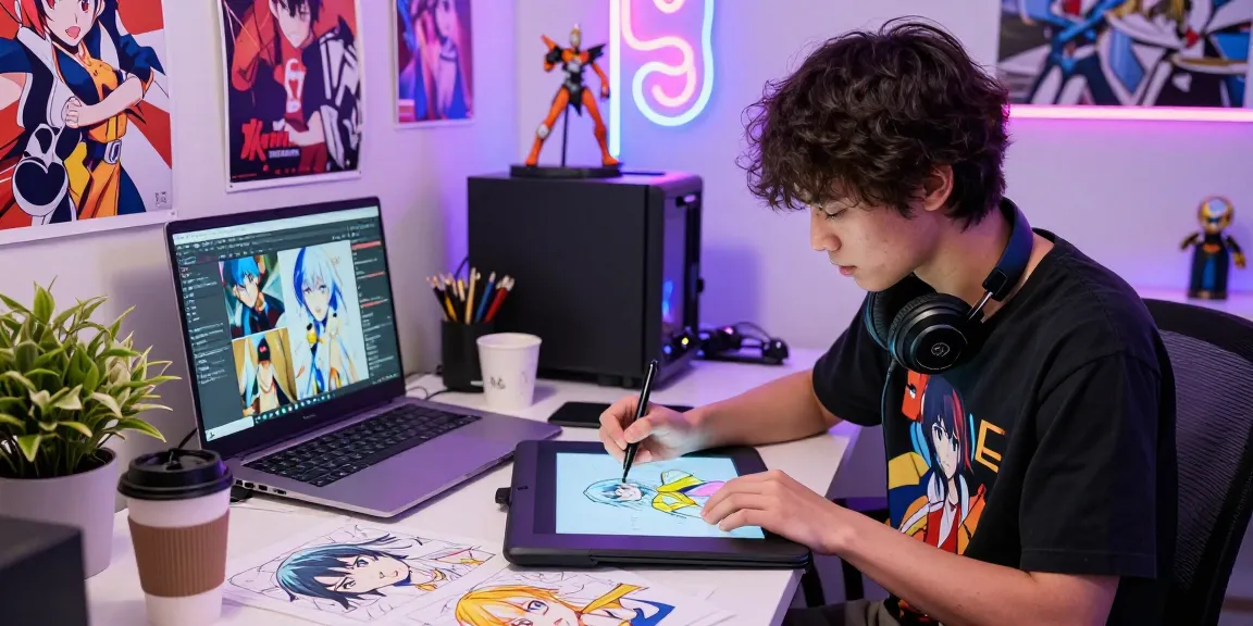 Animehay artist in colorful studio creating vibrant anime illustrations