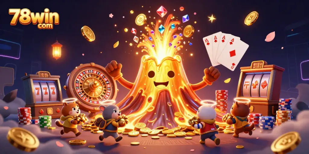 Experience the vibrant thrill of 78win com through an erupting golden volcano showering treasure.