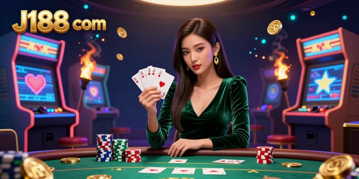 Play exciting games at J188 com, featuring a beautiful Asian woman strategizing at a poker table surrounded by vibrant arcade elements.