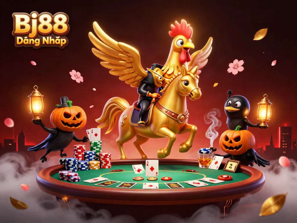 Bj88 Đăng Nhập showcases an enchanting midnight casino scene with a golden rooster riding through vibrant gaming chaos.