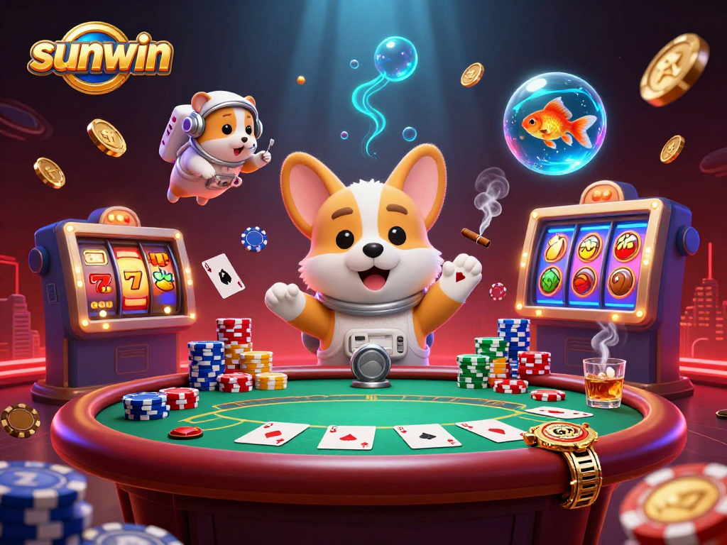 Win big with sunwin in a vibrant casino-themed scene featuring a cartoon corgi and jackpots.