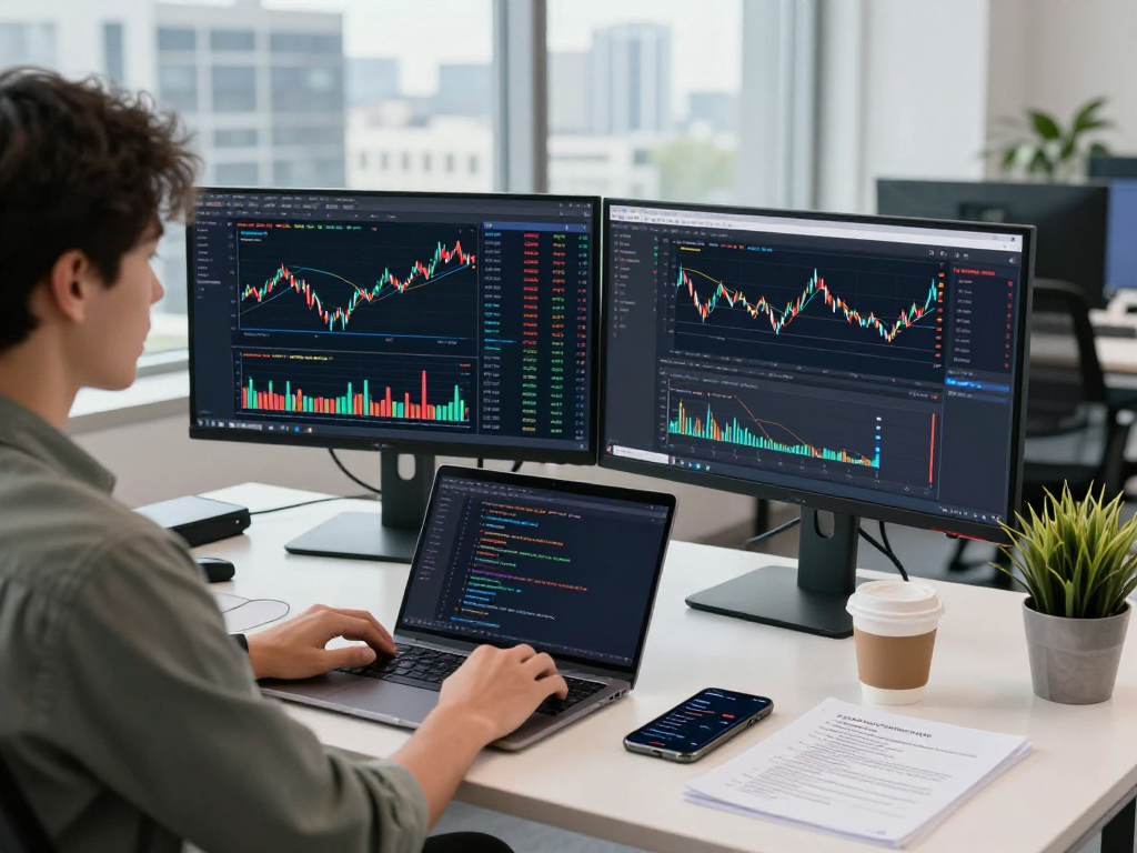 Real-time stock data on dual monitors illustrating HK stock real-time API integration in a modern office.