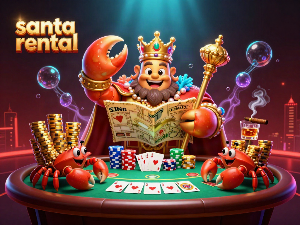 Experience the magic of santa rental with a lively casino scene featuring a royal crab emperor and festive elements.