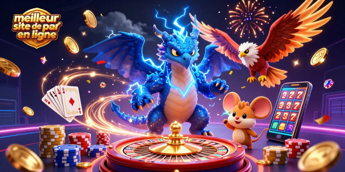 Visualisez le meilleur site de pari en ligne avec des personnages de jeu et des éléments de casino colorés.